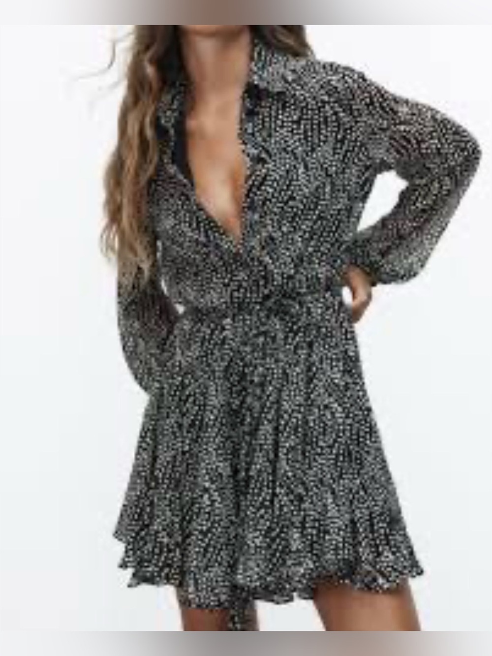 ZARA Black and White Long-Sleeve V-Neck Mini Dress M